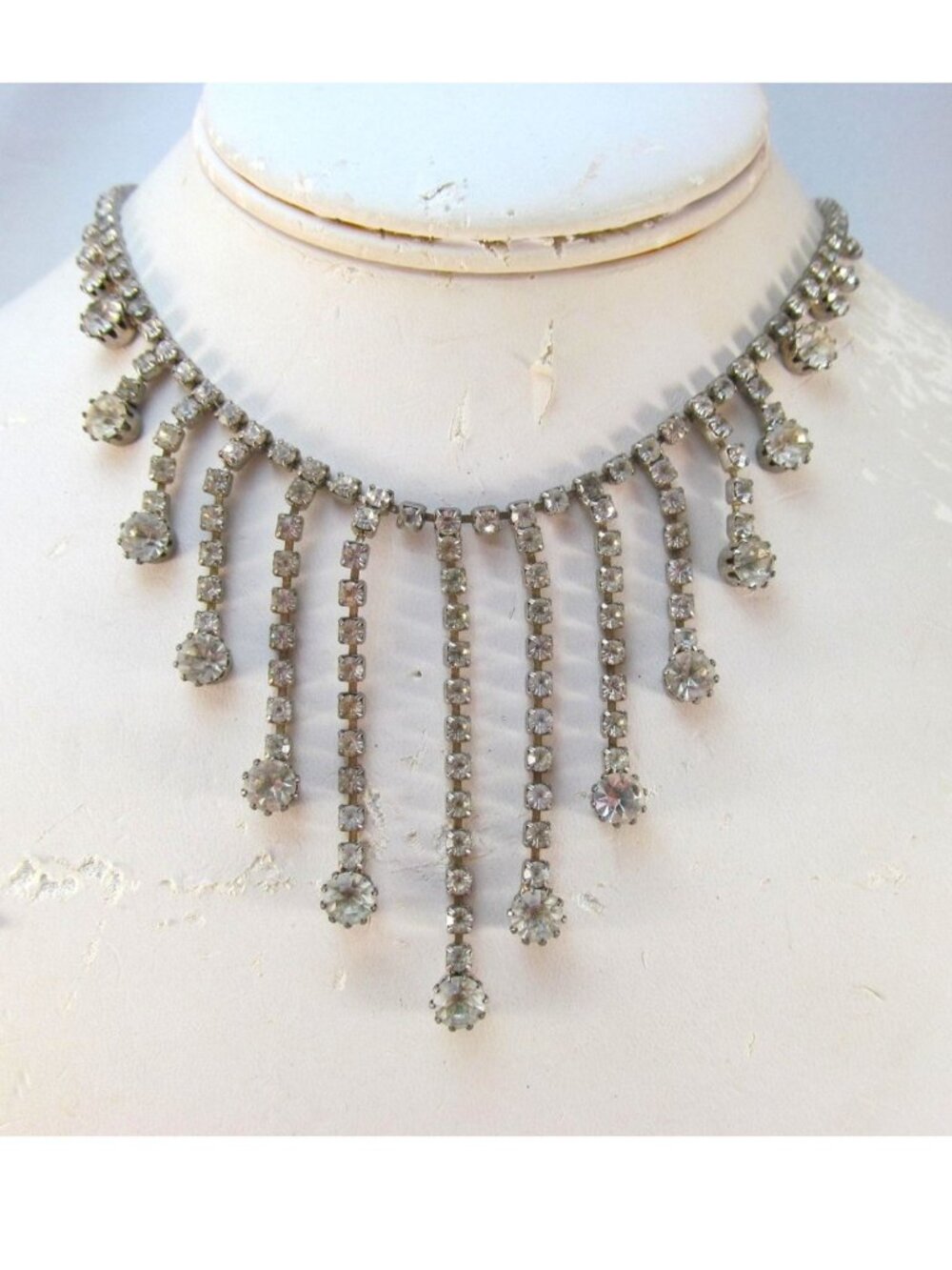Vintage 1960s Silver Tone Rhinestone Fringe Waterfall Choker Necklace 15"